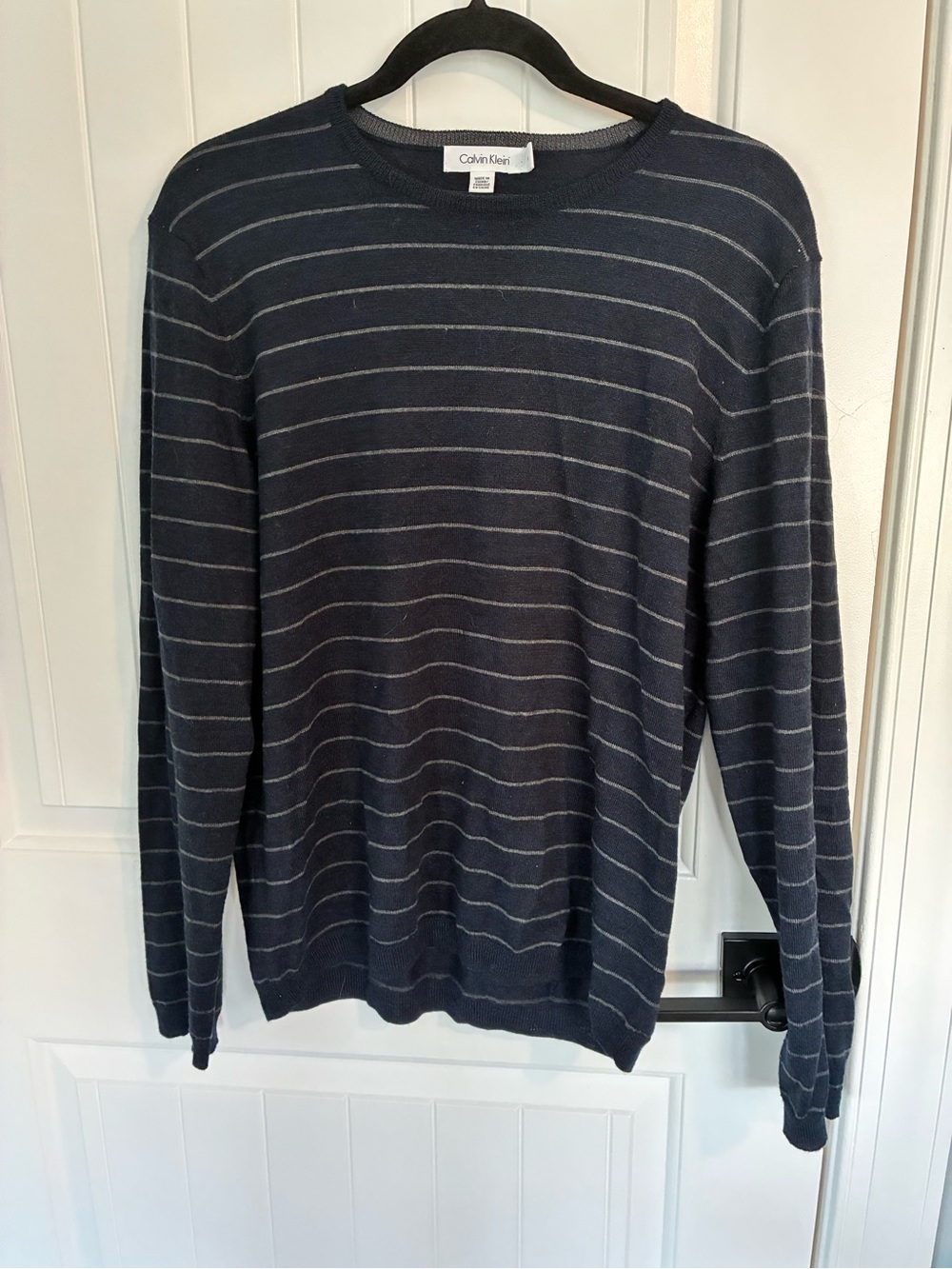Calvin Klein Men's Navy Crewneck Sweater with Thin Gray Stripes
